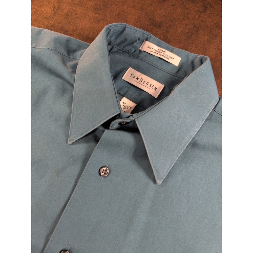 Van Heusen Mens Teal Blue Wrinkle Free‎ Poplin Dress Shirt 15 32/33 Med Long Slv